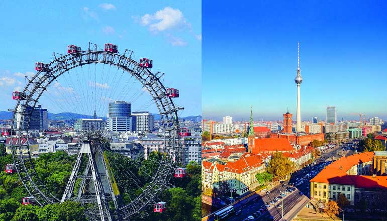 Symbolbild Steuerleitzentrale: Auf einem Bild ist links der Wiener Prater und rechts die Berliner Skyline mit Fernsehturm zu sehen.